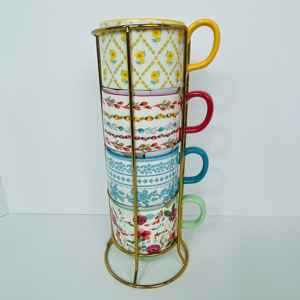 The Pioneer Woman Stacking Mugs Set 4 Floral Stoneware Multicolor Farmhouse Rack